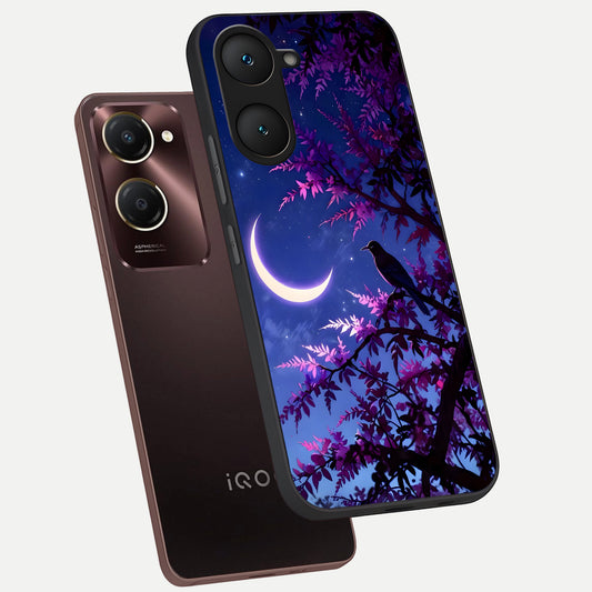 Crow And Moon Scenery phone case for iQOO Z9 lite showing premium glass back cover with detailed artwork