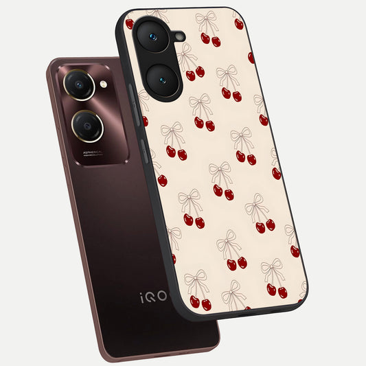 Cute Cherry Pattern phone case for iQOO Z9 lite showing premium glass back cover with detailed artwork