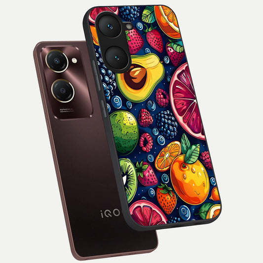Cute Fruits Art phone case for iQOO Z9 lite showing premium glass back cover with detailed artwork