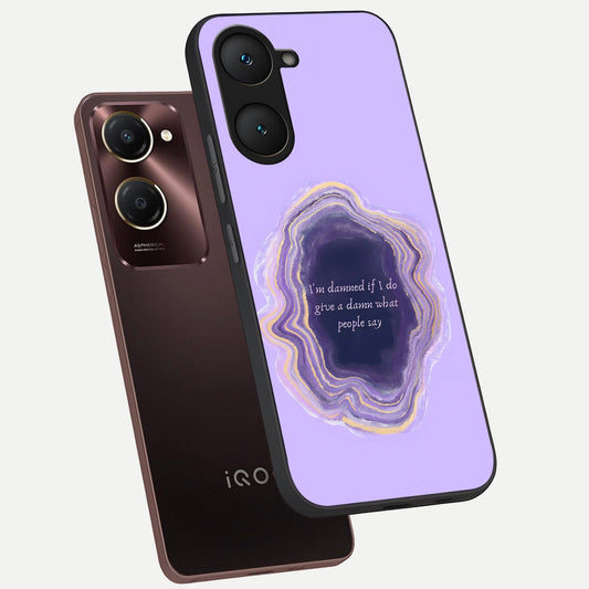 Damned People Quote phone case for iQOO Z9 lite showing premium glass back cover with detailed artwork