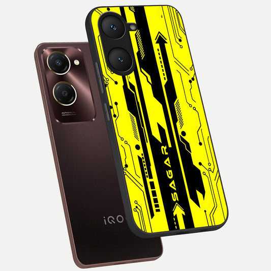 Electric Pulse CYBERPUNK Custom Name phone case for iQOO Z9 lite showing premium glass back cover with detailed artwork
