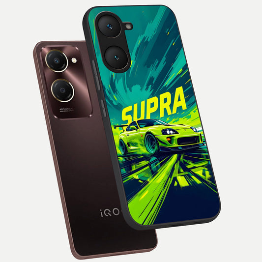 Electric Supra Thunder phone case for iQOO Z9 lite showing premium glass back cover with detailed artwork