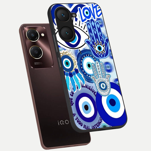 Evil Eyes Dream phone case for iQOO Z9 lite showing premium glass back cover with detailed artwork