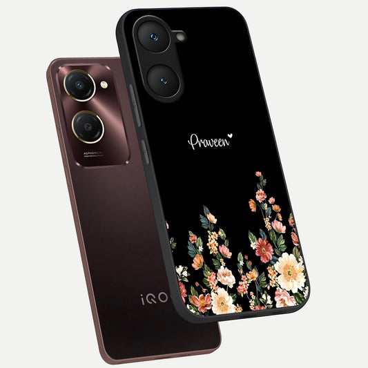 Floral Design Personalized Custom Name phone case for iQOO Z9 lite showing premium glass back cover with detailed artwork