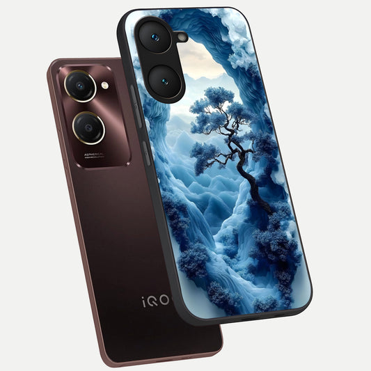 Frozen Serenity Gate phone case for iQOO Z9 lite showing premium glass back cover with detailed artwork