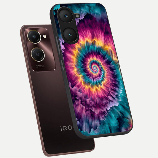 Galactic Spiral Burst phone case for iQOO Z9 lite showing premium glass back cover with detailed artwork