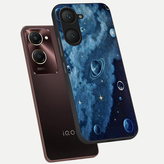 Galaxy Dream Space phone case for iQOO Z9 lite showing premium glass back cover with detailed artwork