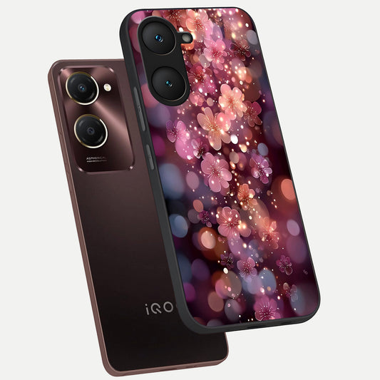 Glowing Petal Bliss phone case for iQOO Z9 lite showing premium glass back cover with detailed artwork