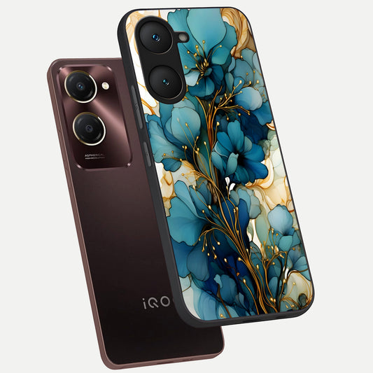 Golden Bloom Symphony phone case for iQOO Z9 lite showing premium glass back cover with detailed artwork