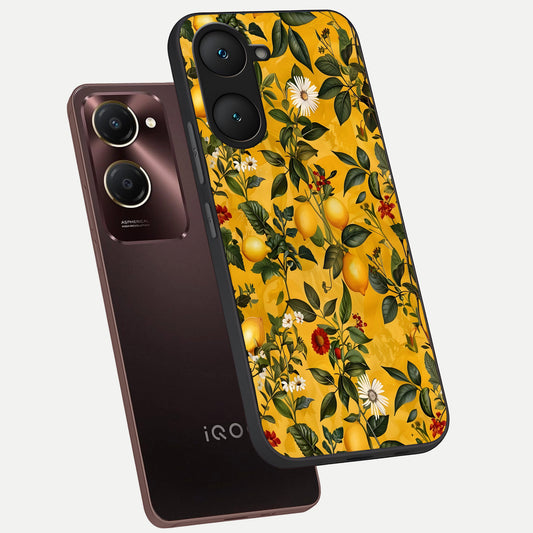 Golden Lemon Field phone case for iQOO Z9 lite showing premium glass back cover with detailed artwork
