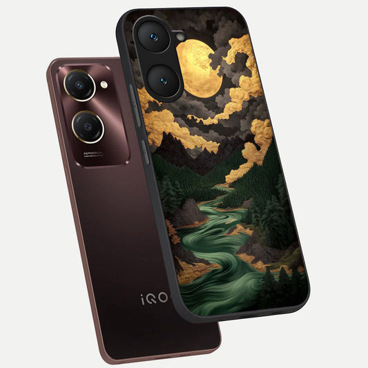 Golden River Moon phone case for iQOO Z9 lite showing premium glass back cover with detailed artwork