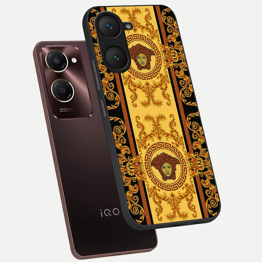 Golden Royal Heritage phone case for iQOO Z9 lite showing premium glass back cover with detailed artwork