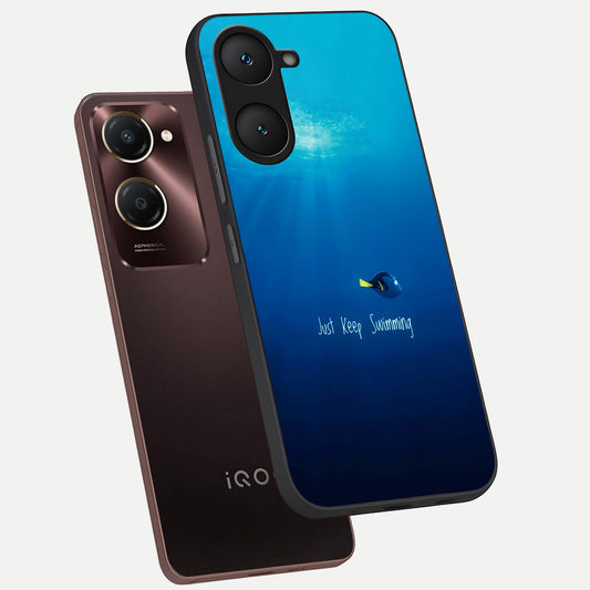 Just Keep Swimming phone case for iQOO Z9 lite showing premium glass back cover with detailed artwork