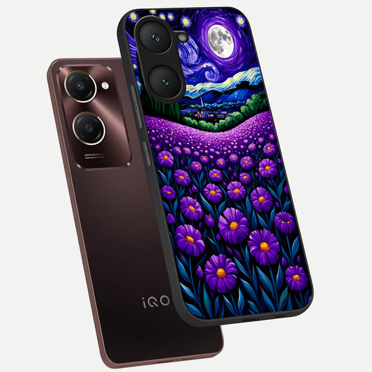 Lavender Moon Field phone case for iQOO Z9 lite showing premium glass back cover with detailed artwork