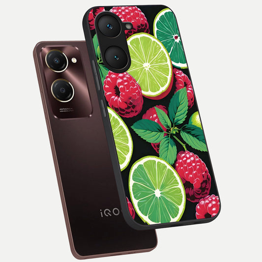 Lime and Raspberry Pattern phone case for iQOO Z9 lite showing premium glass back cover with detailed artwork