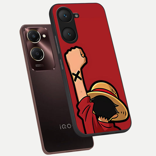 Luffy X Spirit phone case for iQOO Z9 lite showing premium glass back cover with detailed artwork