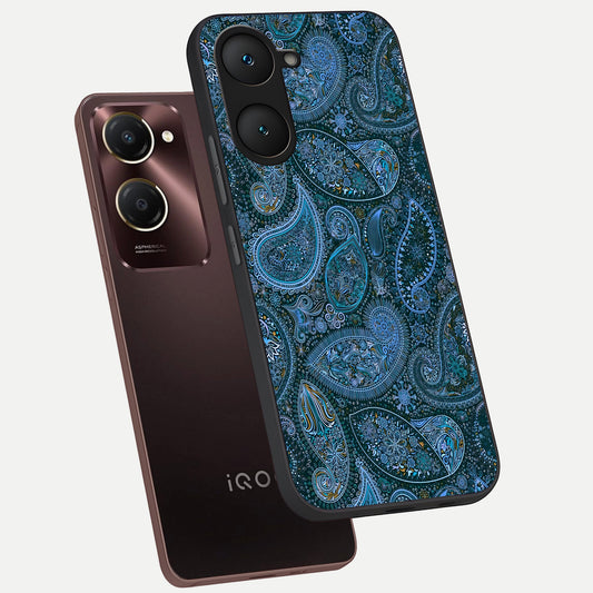 Midnight Paisley Glow phone case for iQOO Z9 lite showing premium glass back cover with detailed artwork