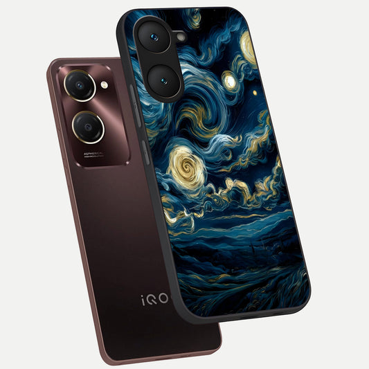 Midnight Sky Whirl phone case for iQOO Z9 lite showing premium glass back cover with detailed artwork