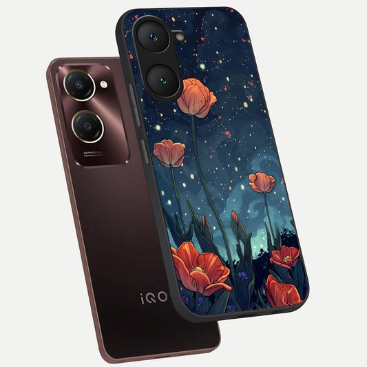 Midnight Tulip Glow phone case for iQOO Z9 lite showing premium glass back cover with detailed artwork