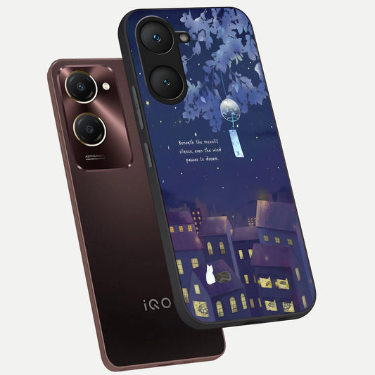 Moonlit Cat Silence phone case for iQOO Z9 lite showing premium glass back cover with detailed artwork