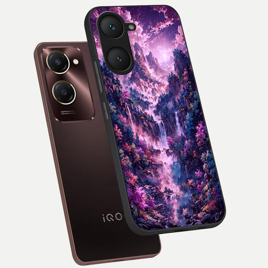 Mystic Cascade Peaks phone case for iQOO Z9 lite showing premium glass back cover with detailed artwork