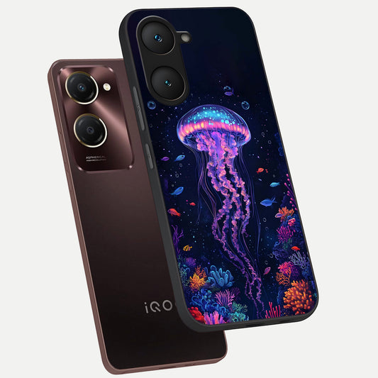 Neon Jellyfish phone case for iQOO Z9 lite showing premium glass back cover with detailed artwork
