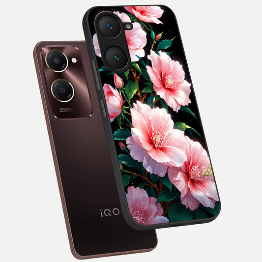 Peach Flower phone case for iQOO Z9 lite showing premium glass back cover with detailed artwork