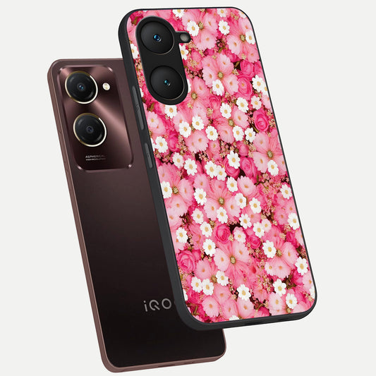 Pink Daisy Bliss phone case for iQOO Z9 lite showing premium glass back cover with detailed artwork