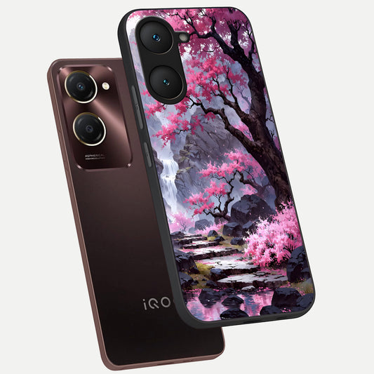 Pink Sunflower Glow phone case for iQOO Z9 lite showing premium glass back cover with detailed artwork