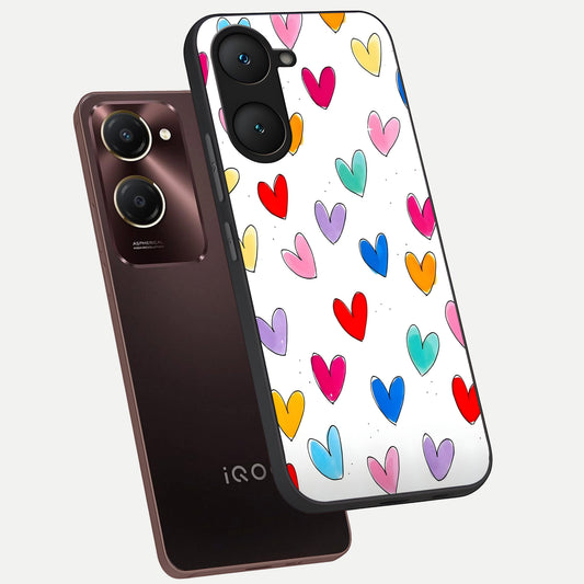 Playful Love Doodles phone case for iQOO Z9 lite showing premium glass back cover with detailed artwork