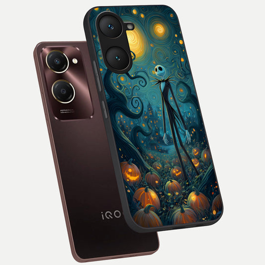 Pumpkin Moonlight Tale phone case for iQOO Z9 lite showing premium glass back cover with detailed artwork