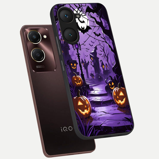 Pumpkin Patch Halloween phone case for iQOO Z9 lite showing premium glass back cover with detailed artwork