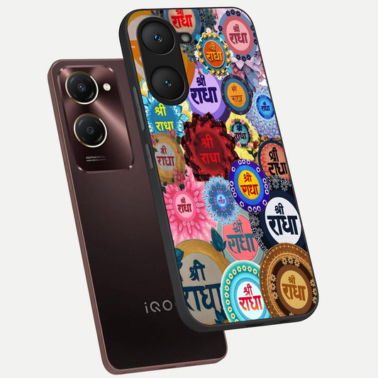 Radha Divine Bloom phone case for iQOO Z9 lite showing premium glass back cover with detailed artwork