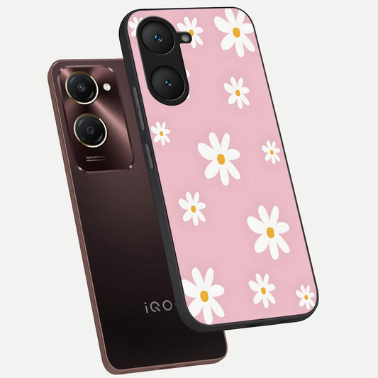 Soft Daisy Bliss phone case for iQOO Z9 lite showing premium glass back cover with detailed artwork