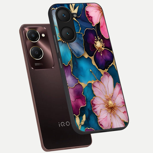 Sparkle Floral phone case for iQOO Z9 lite showing premium glass back cover with detailed artwork
