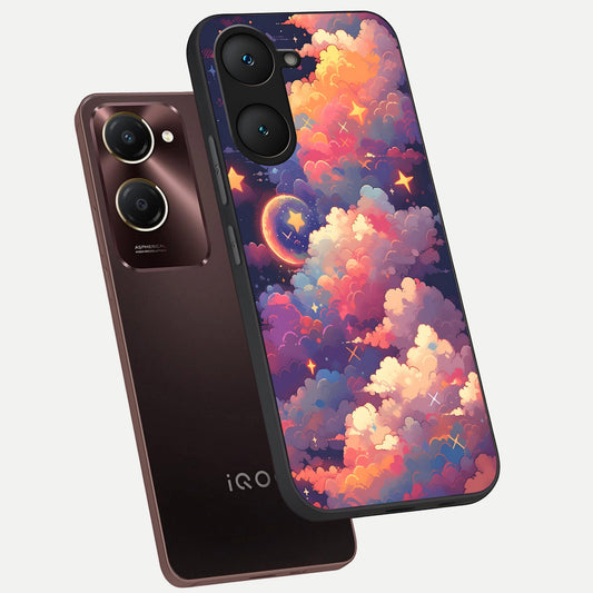 Starlit Dream Clouds phone case for iQOO Z9 lite showing premium glass back cover with detailed artwork