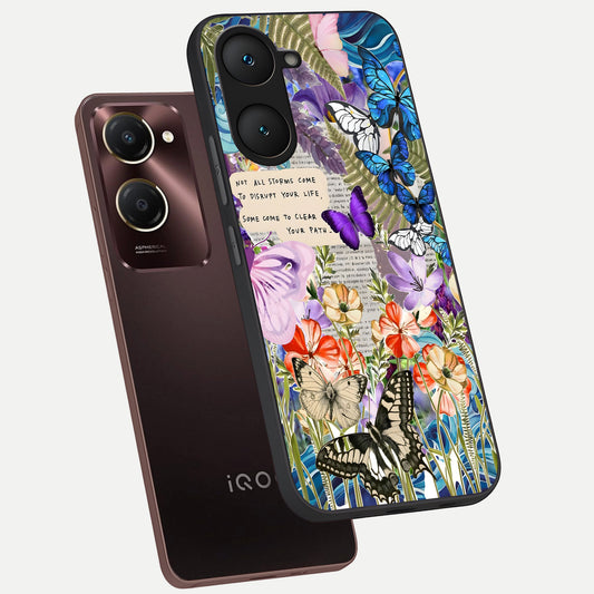 Storm Path Bloom phone case for iQOO Z9 lite showing premium glass back cover with detailed artwork