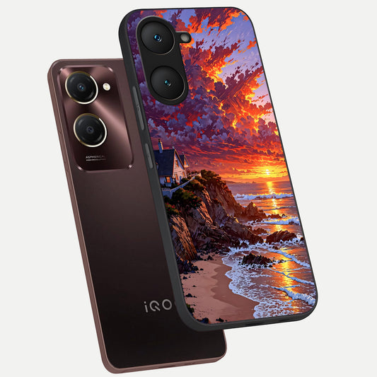 Sunset House By Sea phone case for iQOO Z9 lite showing premium glass back cover with detailed artwork