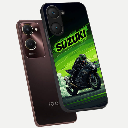 Suzuki Speed Beast phone case for iQOO Z9 lite showing premium glass back cover with detailed artwork