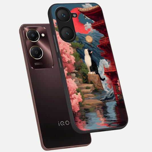 Temple Cat Scenery phone case for iQOO Z9 lite showing premium glass back cover with detailed artwork