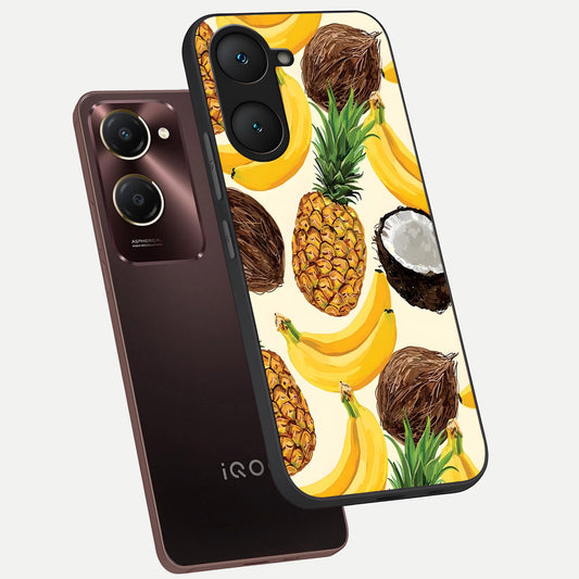 Tropical Fruit Mood phone case for iQOO Z9 lite showing premium glass back cover with detailed artwork