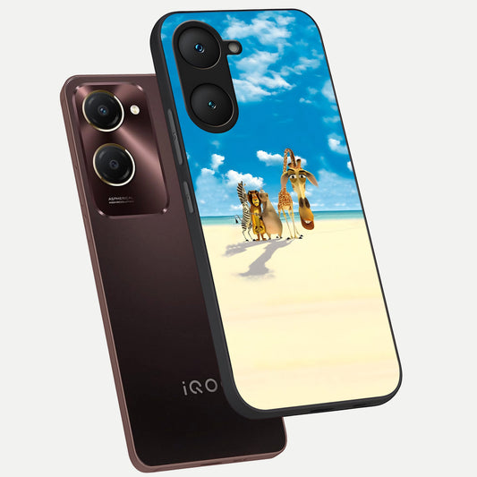 Tropical Fun Squad phone case for iQOO Z9 lite showing premium glass back cover with detailed artwork