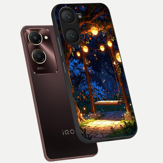 Twilight Garden Swing phone case for iQOO Z9 lite showing premium glass back cover with detailed artwork