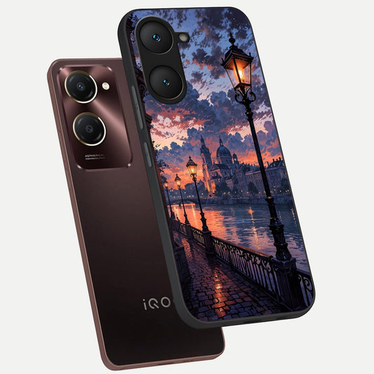 Twilight River Lights phone case for iQOO Z9 lite showing premium glass back cover with detailed artwork