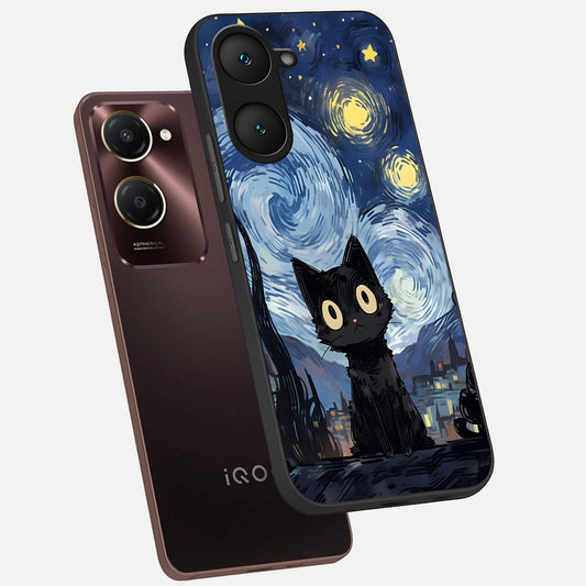 Van Gogh Cat phone case for iQOO Z9 lite showing premium glass back cover with detailed artwork