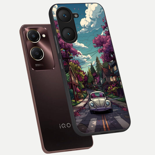 Vintage Street Drive phone case for iQOO Z9 lite showing premium glass back cover with detailed artwork
