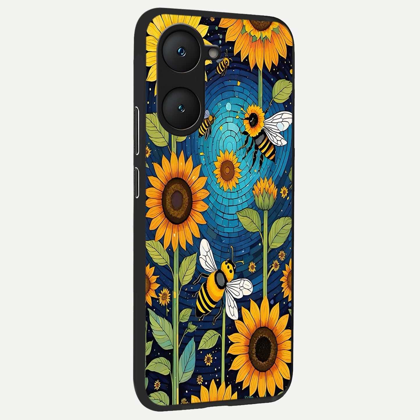 Bees And Sunflowers back cover for iQOO Z9 lite slim fit glass case with vibrant aesthetic design
