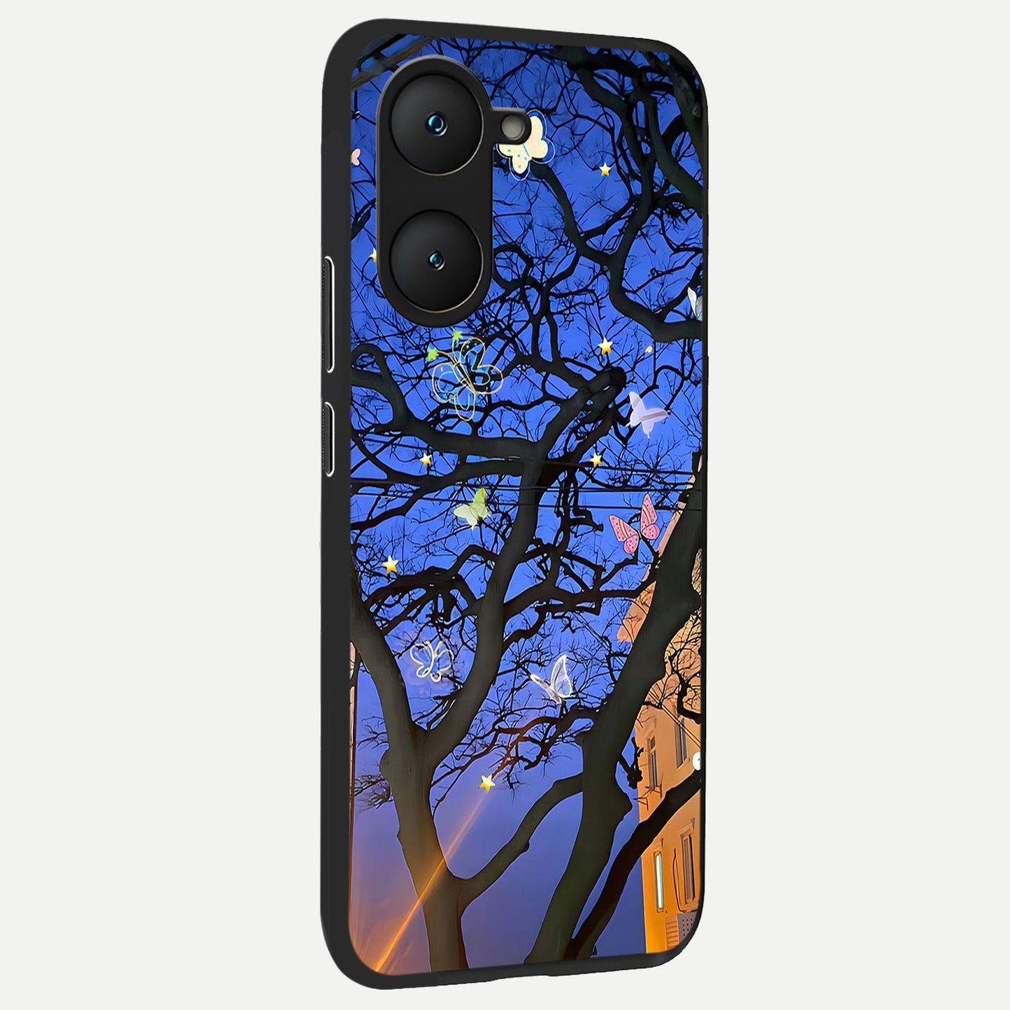 Butterfly Night Magic back cover for iQOO Z9 lite slim fit glass case with vibrant aesthetic design