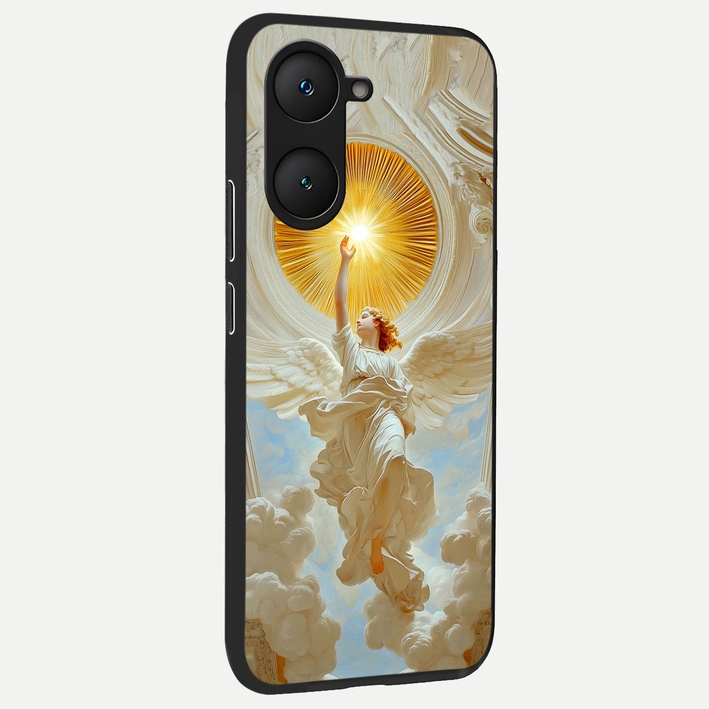 Divine Light Angel back cover for iQOO Z9 lite slim fit glass case with vibrant aesthetic design