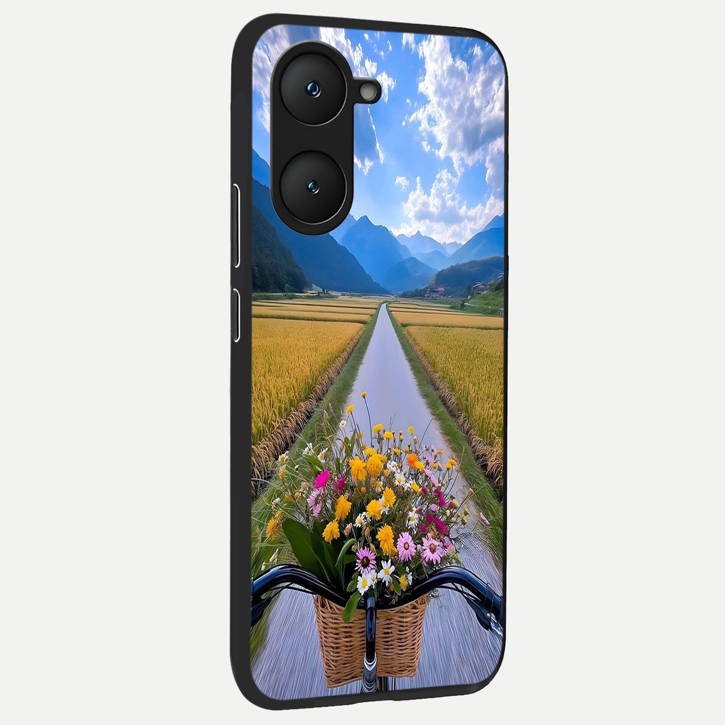 Golden Field Journey back cover for iQOO Z9 lite slim fit glass case with vibrant aesthetic design